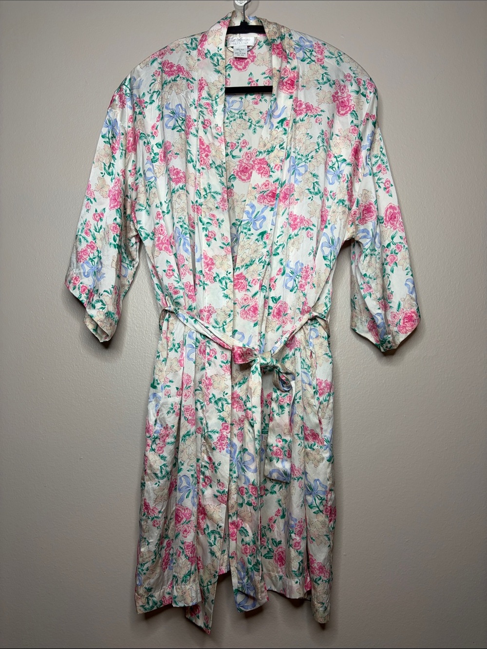 VTG Nordstrom Lingerie 100% Silk Floral Wrap Kimono Robe Pink Rose Cottagecore M